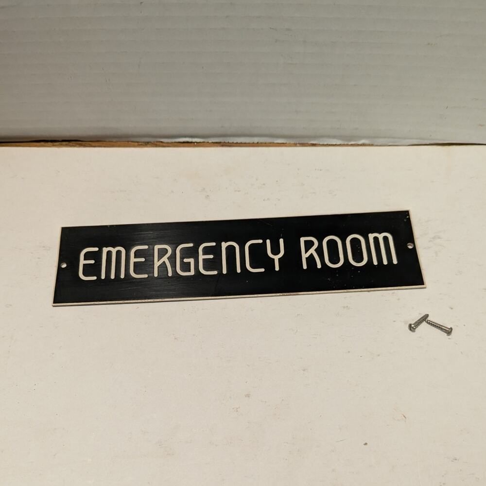 Vintage door sign EMERGENCY ROOM  Plaque Black Bold San Serif MCM type Industry